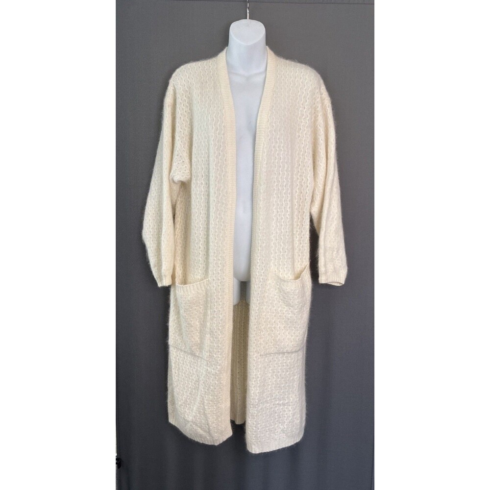 Vtg 80s Richard & Co Angora Lambswool Long Cardigan Sz S Ivory Luxury Minimalist